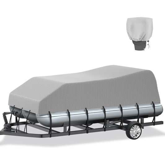 600D 17'-20' Pontoon Boat Cover + Motor Cover Grey Solution-Dyed Oxford Pontoon Cover