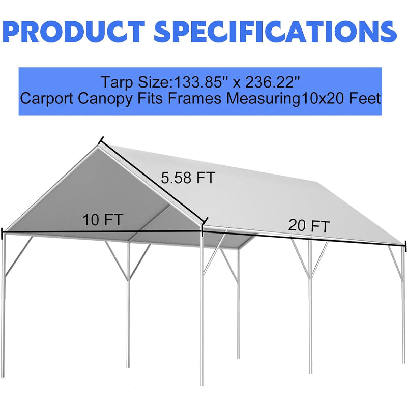 10' x 20' Carport 220G Heavy Duty Replacement Canopy Cover with 48 Ball Bungees