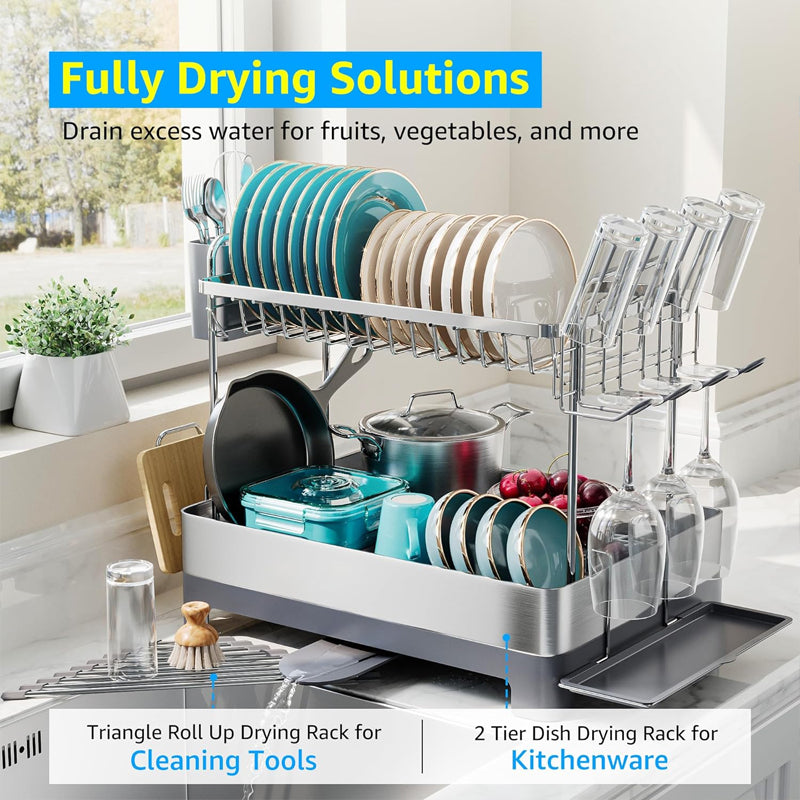 2-Tier Dish Drying Rack 304 Stainless Steel Kitchen Drying Rack Multifunctional Dish Drainer