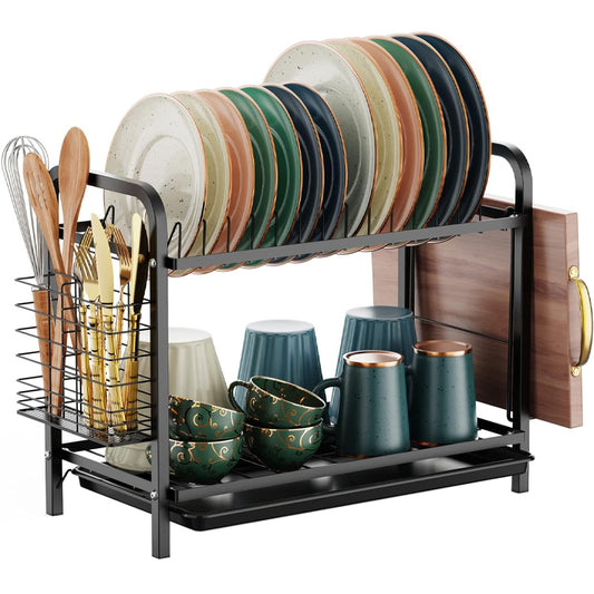 Dish Drying Rack 2 Tier Rust-Resistant Dish Drainer with Utensil Holder and Cutting Board Holder