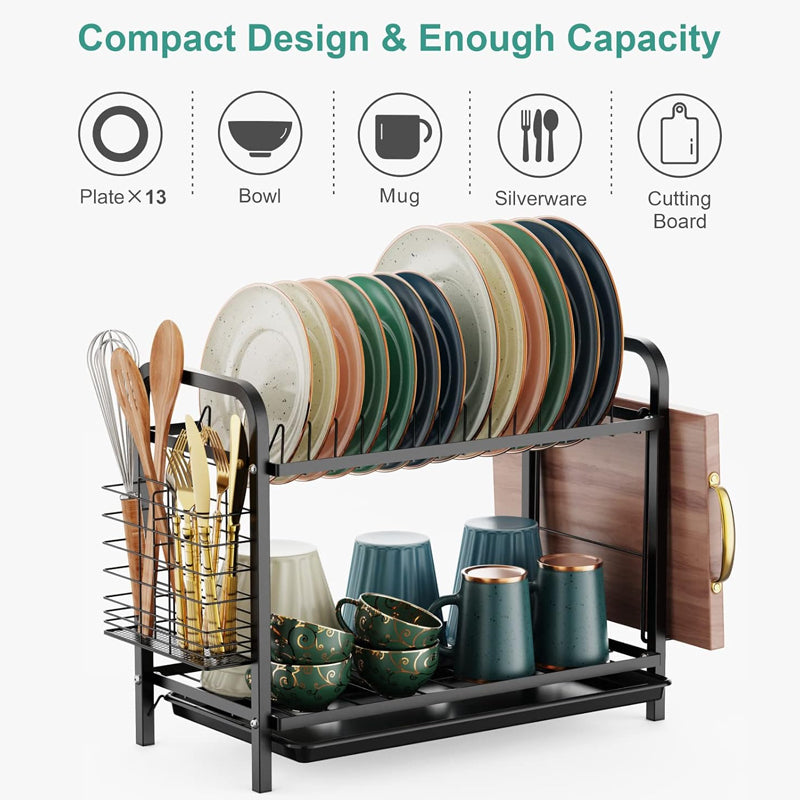 Dish Drying Rack 2 Tier Rust-Resistant Dish Drainer with Utensil Holder and Cutting Board Holder