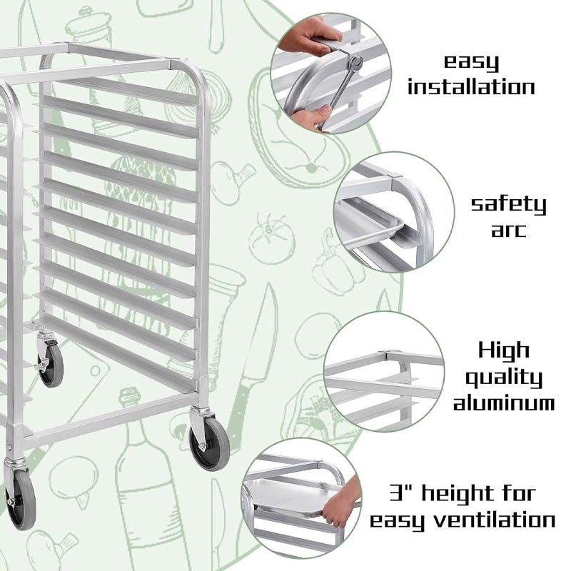 10-Tier Bun Pan Rack with Wheels Commercial Bakery Rack Aluminum Trolley Storage For Kitchen Home
