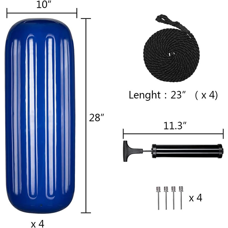 10" × 28" Vinyl Boat Fenders 4pcs Ribbed Boat Fenders Boat Bumpers with Ropes Needles and Pump