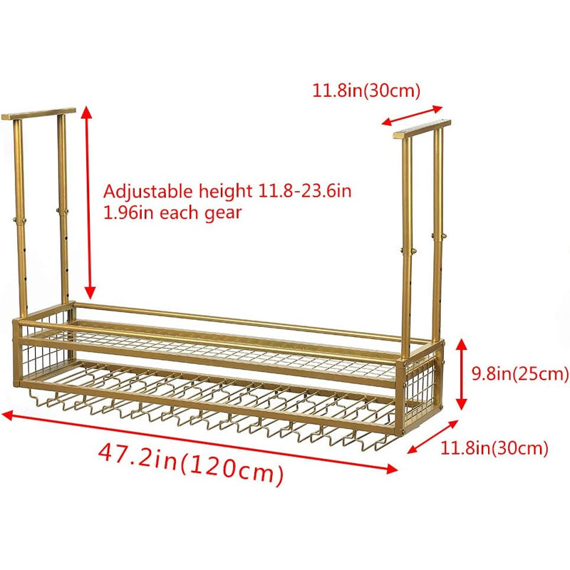 47.2" × 11.8" Ceiling Wine Glass Rack Golden Adjustable Metal Hanging Wine Rack Wall Mounted Glass Rack