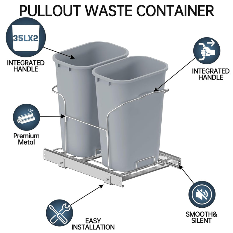 2 x 35L Pull-Out Trash Can Heavy Duty Double Trash Can Cabinet Pull Out for Kitchen Cabinet Sink