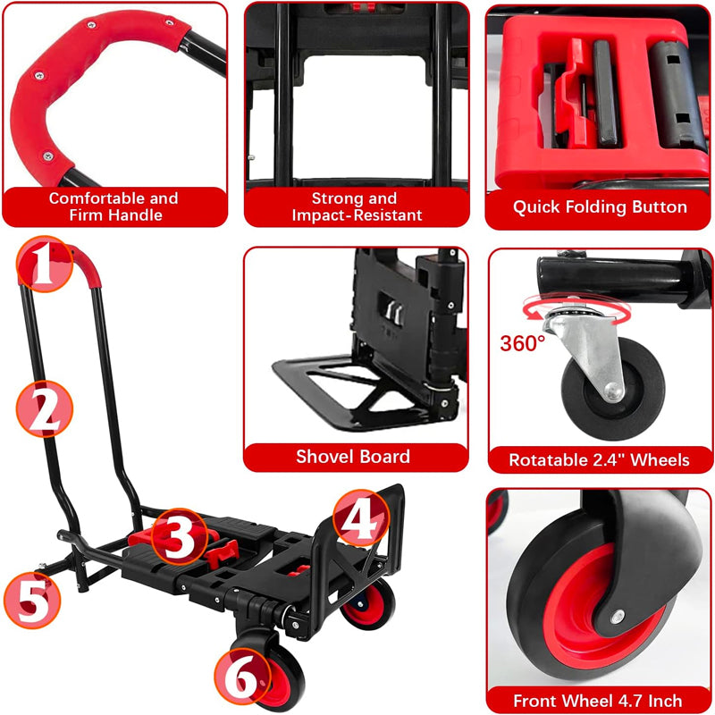 330 lbs Folding Hand Truck 2 in 1 Portable Dolly Cart Utility Cart Platform Cart with Rubber Wheels