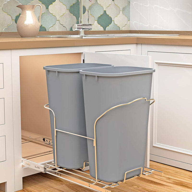 2 x 35L Pull-Out Trash Can Heavy Duty Double Trash Can Cabinet Pull Out for Kitchen Cabinet Sink