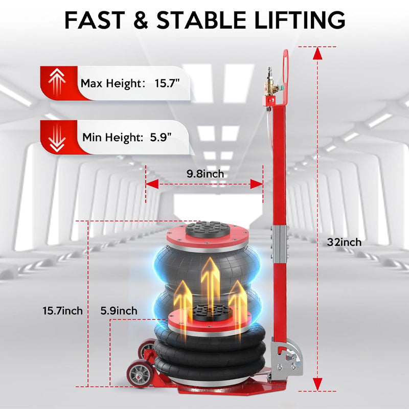 3 Ton/6600 lbs Triple Bag Air Jack Lifting Height 15.7 Inch Pneumatic Jack with Adjustable Long Handle