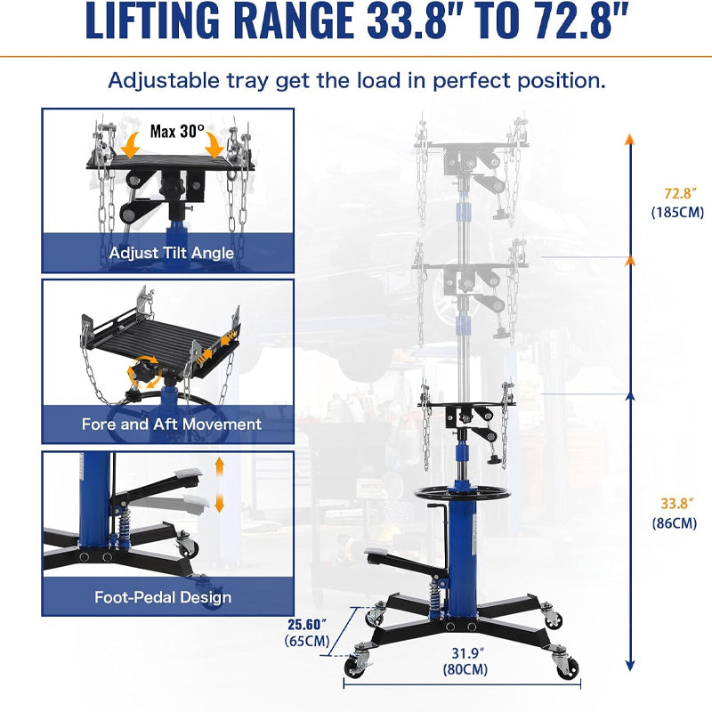 1/2 Ton Transmission Jack 2-Stage Telescoping Hydraulic Lift with 360° Swivel Wheel for Garage