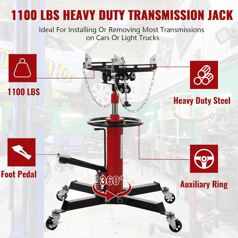 1/2 Ton/1100 lbs Transmission Jack Red Hydraulic Telescopic Transmission Jack 2 Stage with Foot Pedal