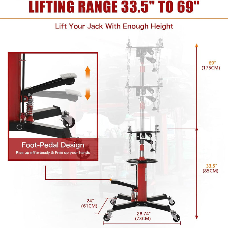 1/2 Ton/1100 lbs Transmission Jack Red Hydraulic Telescopic Transmission Jack 2 Stage with Foot Pedal