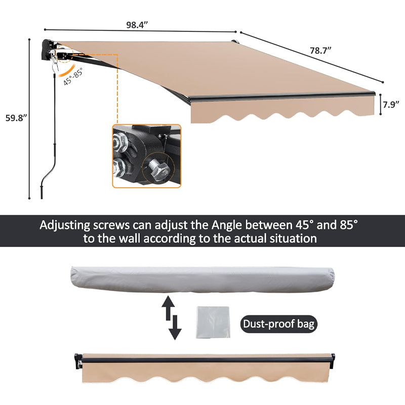 8'×7' Manual Retractable Awning Waterproof Patio Awning for Outdoor Deck Yard Balcony