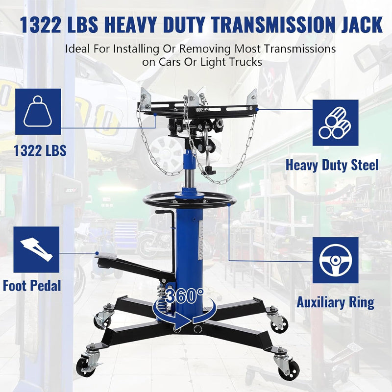 Blue Transmission Jack 3/5 Ton/1322 lbs Capacity with 360° Swivel Wheel for Garage/Shop Lift Hoist