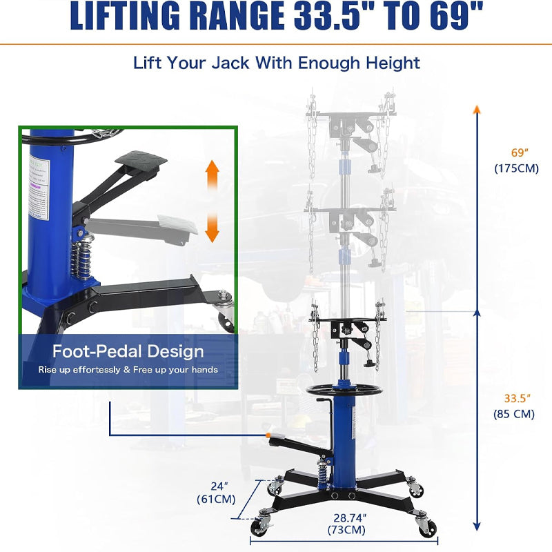 Blue Transmission Jack 3/5 Ton/1322 lbs Capacity with 360° Swivel Wheel for Garage/Shop Lift Hoist