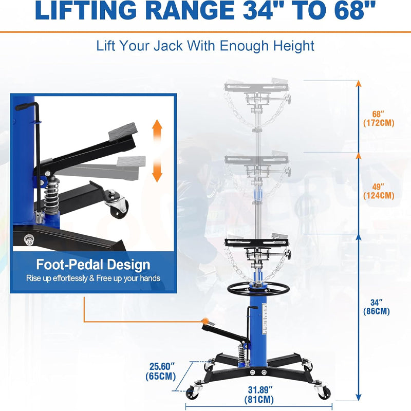 0.63 Ton/1400 lbs Transmission Jack Lift Hydraulic Transmission Jack 34" to 68" Lifting Range