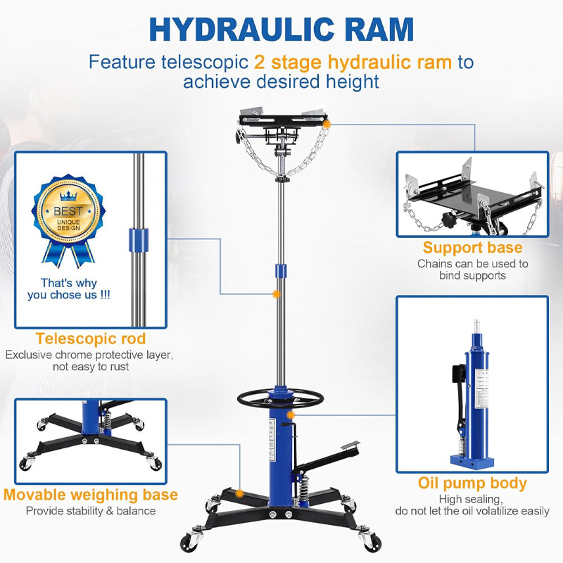 0.63 Ton/1400 lbs Transmission Jack Lift Hydraulic Transmission Jack 34" to 68" Lifting Range