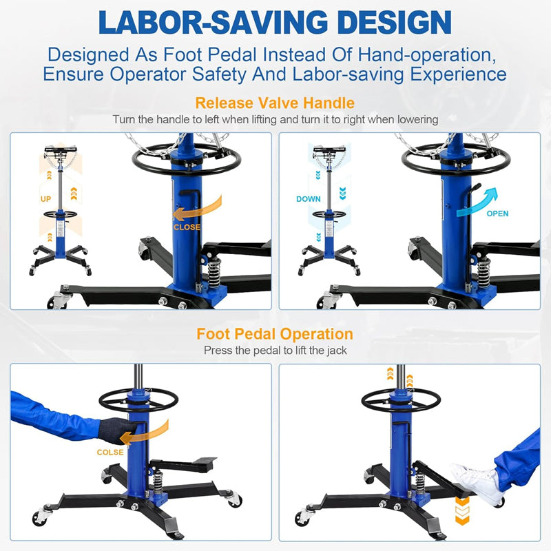 0.63 Ton/1400 lbs Transmission Jack Lift Hydraulic Transmission Jack 34" to 68" Lifting Range