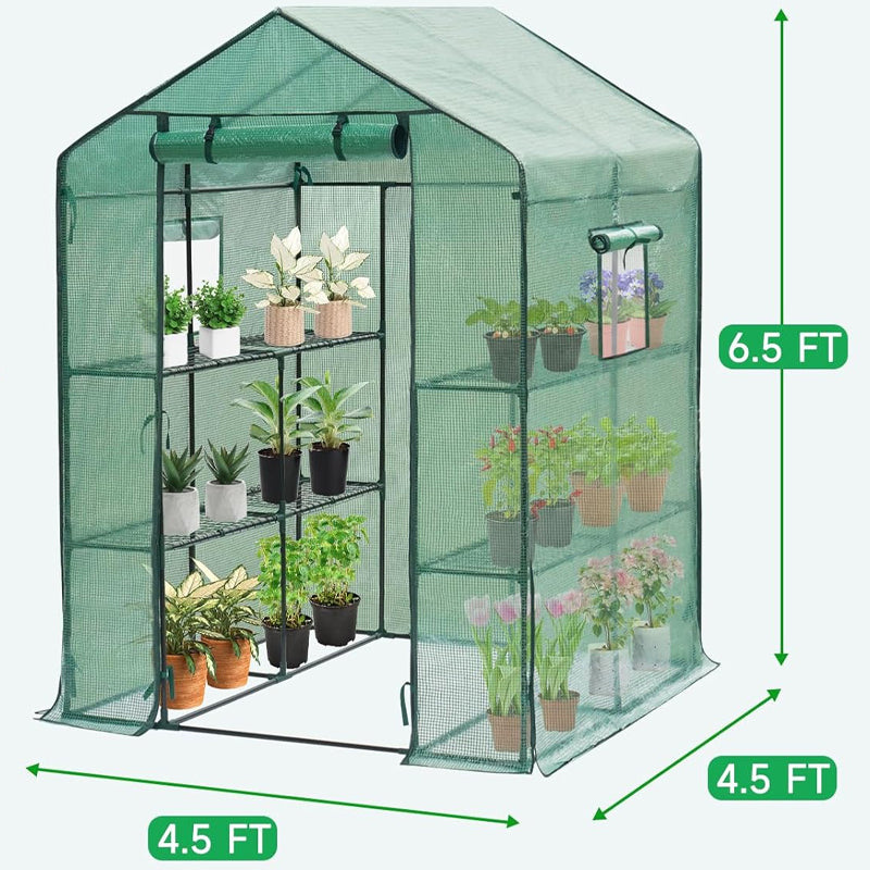 4.5x4.5x6.5ft Walk-in Greenhouse PE Cover with Shelves Steel Frame for Planting and Storage