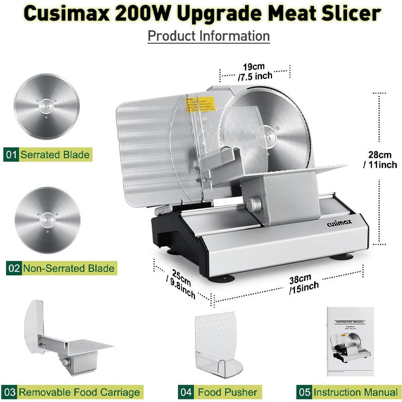 Electric Meat Slicer with Two 7.5" Stainless Steel Blades Adjustable Thickness Deli Food Slicer