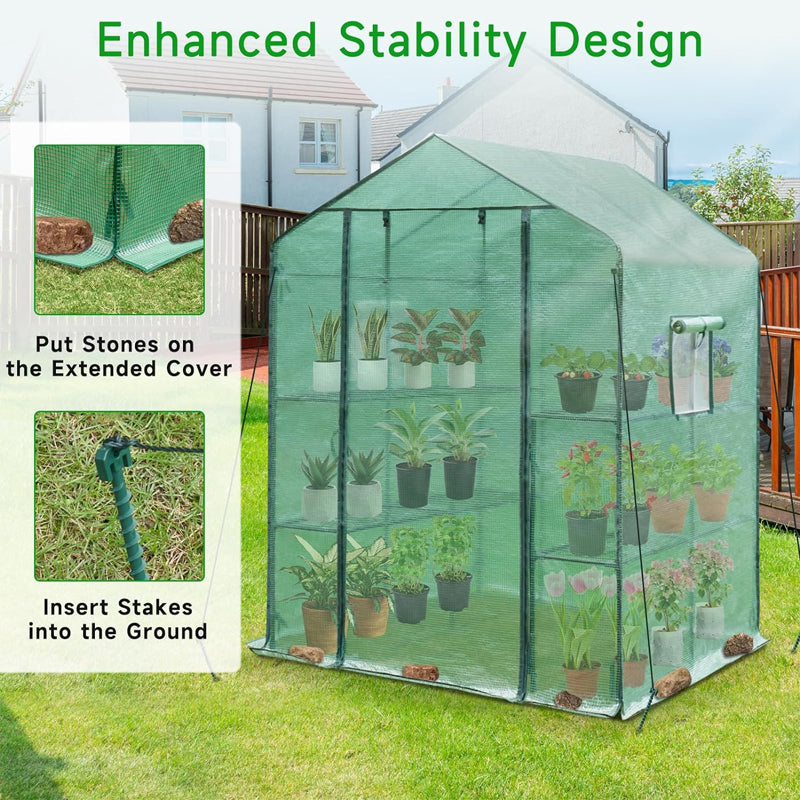 4.5x4.5x6.5ft Walk-in Greenhouse PE Cover with Shelves Steel Frame for Planting and Storage