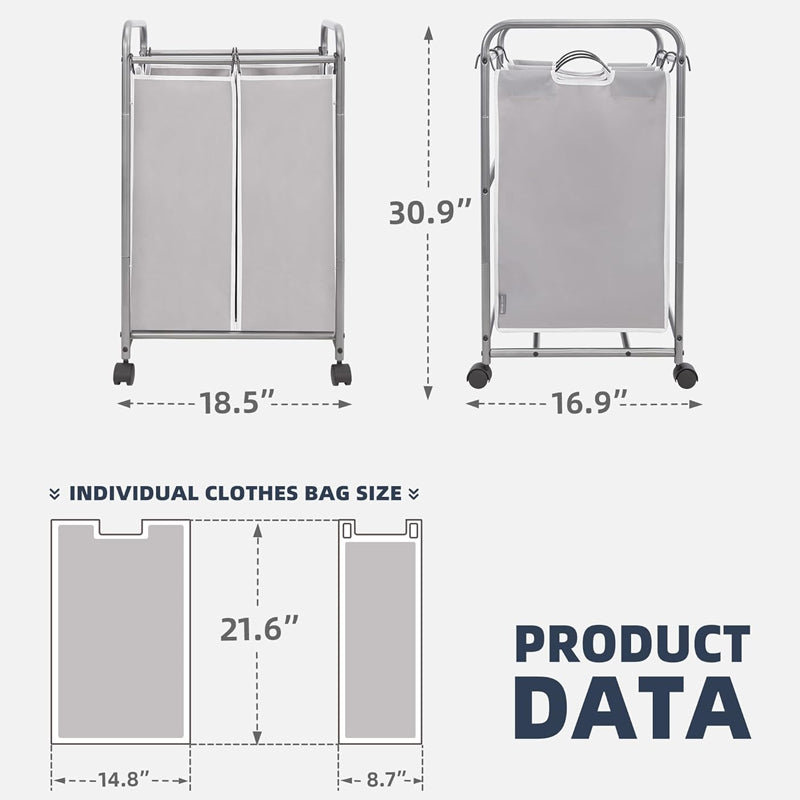 2 Section Laundry Cart Laundry Basket with Lockable Wheels and Removable Bag Rolling Laundry Sorter