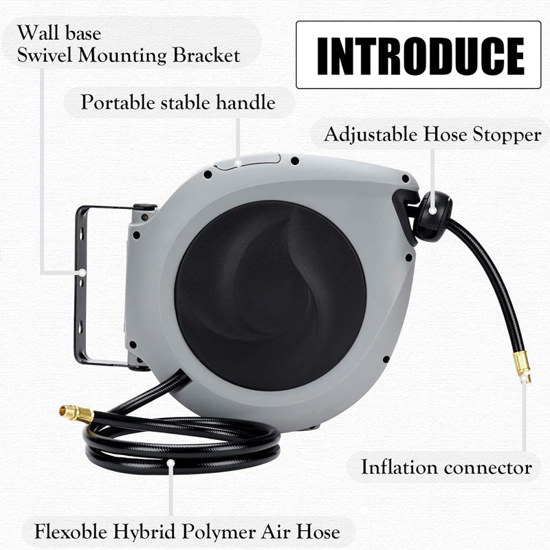 3/8" × 50' Air Hose Reel Retractable Hybrid Air Hose Heavy Duty 180° Swivel Mount Max 300PSI