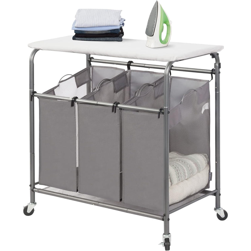 3 Section Laundry Cart with Foldable Ironing Board Rolling Laundry Sorter Laundry Hamper