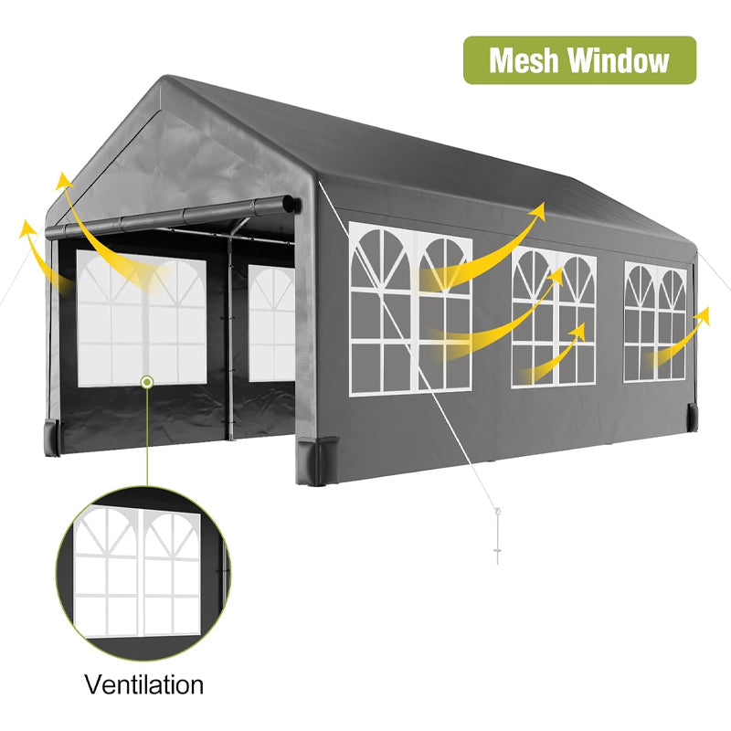 10 x 20 FT Carport with 4 Load-bearing Sandbags PE Waterproof Canopy Roll Up Mesh Window