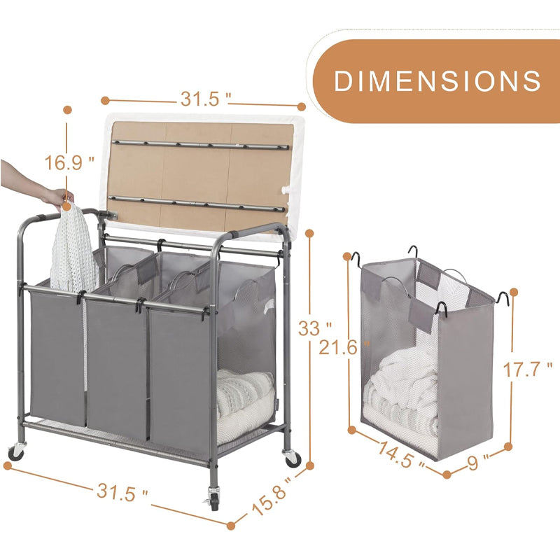 3 Section Laundry Cart with Foldable Ironing Board Rolling Laundry Sorter Laundry Hamper