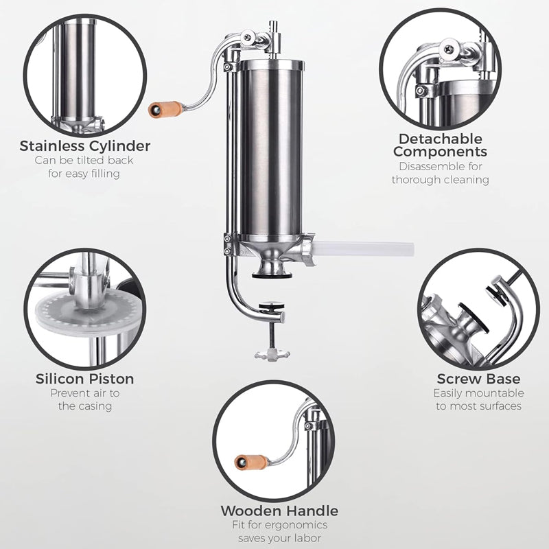 5LBS/3L Sausage Stuffer Vertical Stainless Steel Homemade Sausage Maker with 4 Filling Nozzles