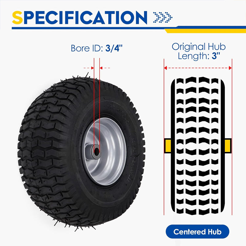 15x6-6" Lawn Mower Tires 2pcs Turf Tires 3" Centered Hub 3/4" Bushing for Riding Mowers