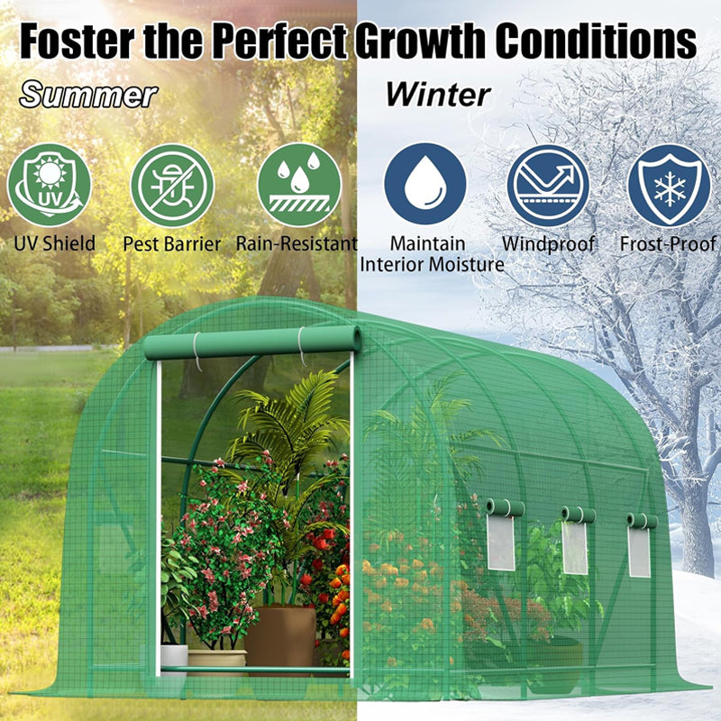 10x7x7FT Walk-in Tunnel Greenhouse with 6 Screen Windows Reinforced Frame Green House