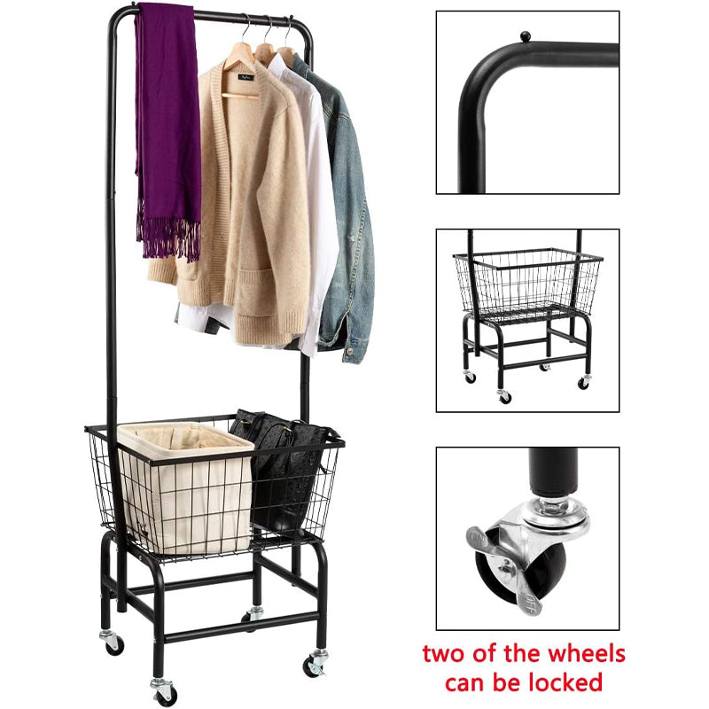 Wire Laundry Cart with Clothes Rack Rolling Laundry Butler with Wire Storage Rack with Casters