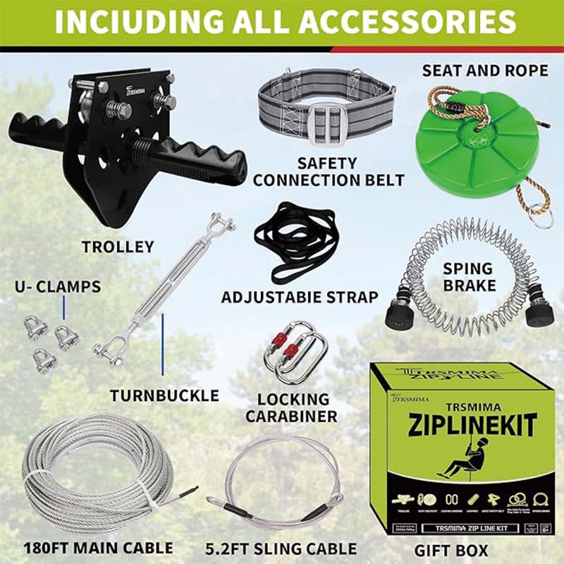Zipline Kit for Kids and Adult, 65 ft Zip Line Kits Up to 500 lb,Playground Entertainment with Zipline, Nylon Safety Harness, Seat, and Handlebar