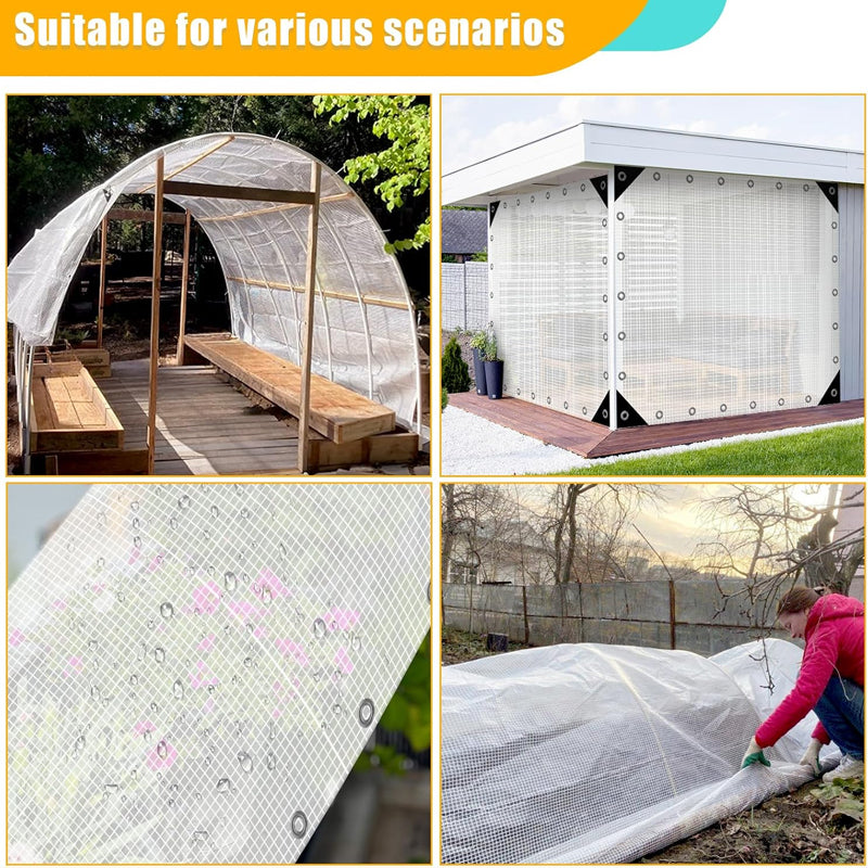 10x12 ft Waterproof Plastic Poly Tarp 10 Mil Clear Greenhouse Tarp Poly Garden Cover with Grommets