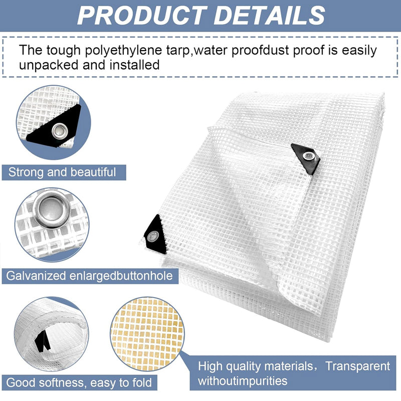 20x30 ft 10 Mil Clear Tarp Mesh Waterproof Tarp with High Durability Reinforced Grommets