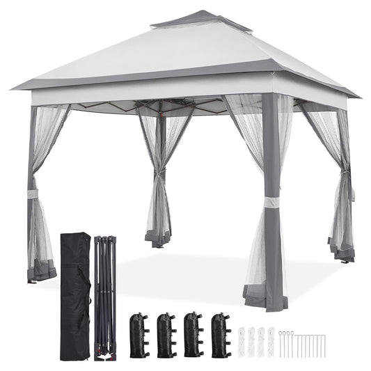 11' × 11' Outdoor Canopy Gazebo Tent with 4 Sandbags 2 Tiers Roo Mesh Netting Sun Shade Canopy