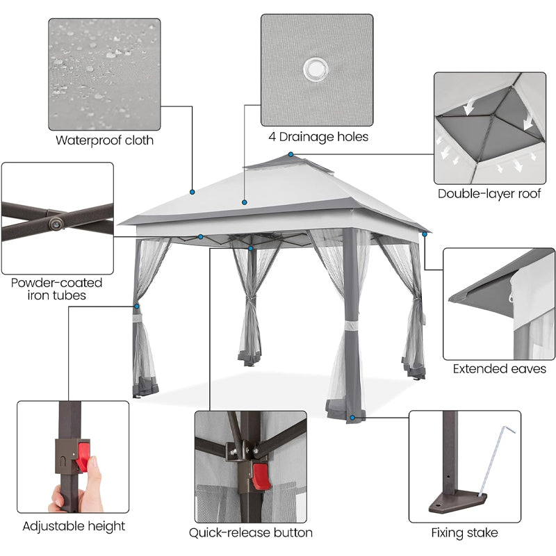 11' × 11' Outdoor Canopy Gazebo Tent with 4 Sandbags 2 Tiers Roo Mesh Netting Sun Shade Canopy