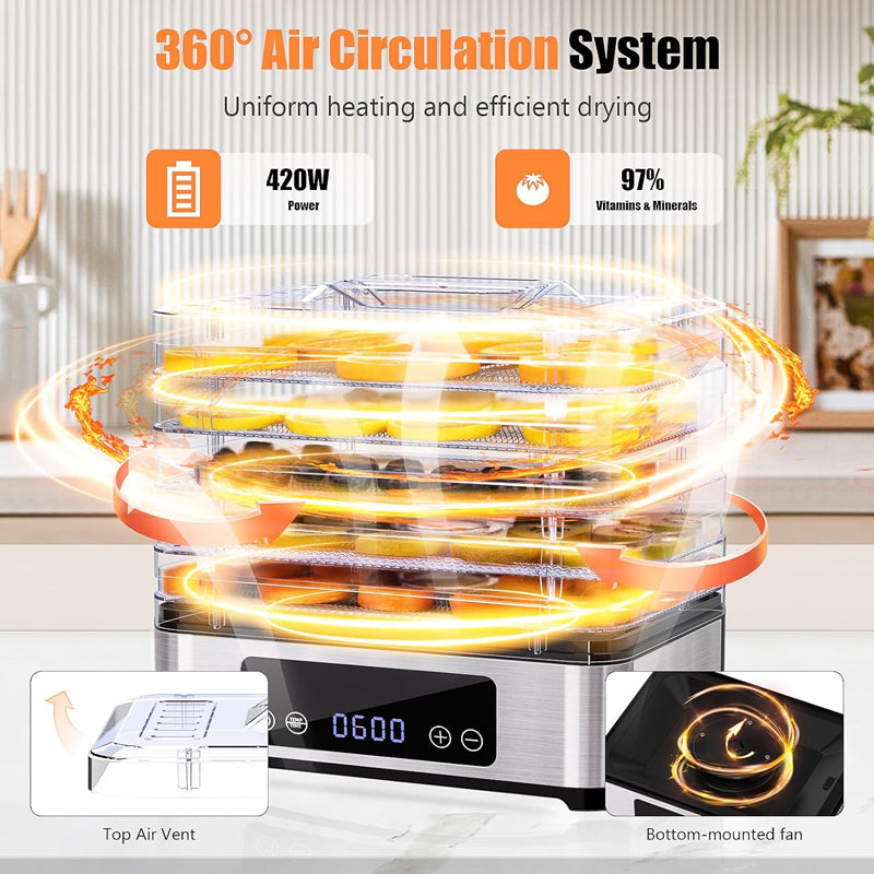 420W Food Dehydrator Machine 5 BPA-Free Trays Food Dryer for Jerky Herb Meat Beef Fruit Dog Treats