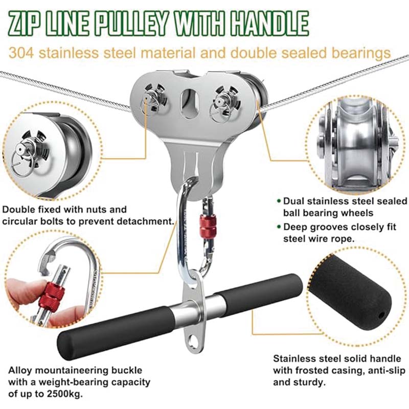 Zip Line for Kids and Adults Up to 500 lbs, Zipline Kit , Zipline Spring, Removable Zipline Pulley