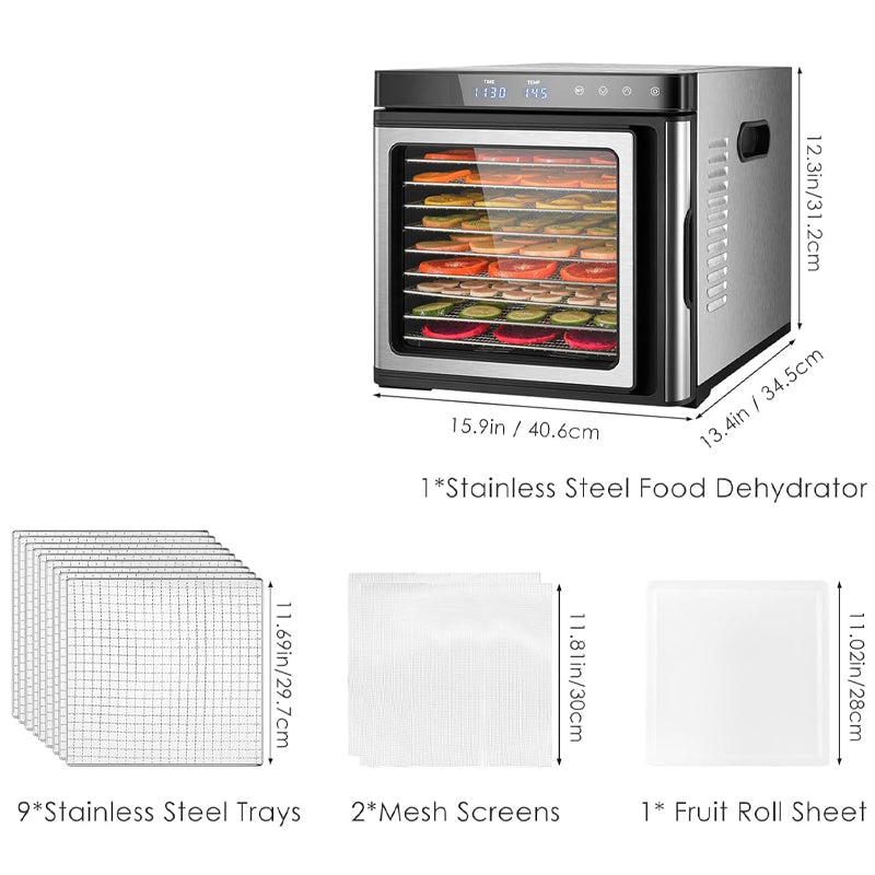 1000W Electric Food Dehydrator Machine 9 Stainless Steel Trays with 48H Timer and Temperature Control