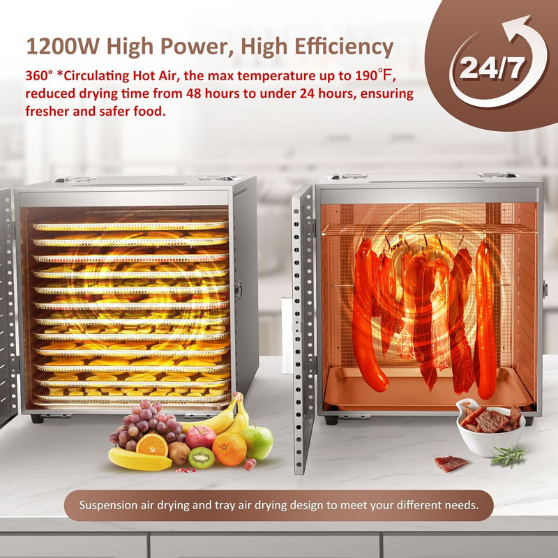 1200W Commercial Food Dehydrator Machine Full Stainless Steel Dryer Machine up to 190℉ Temperature