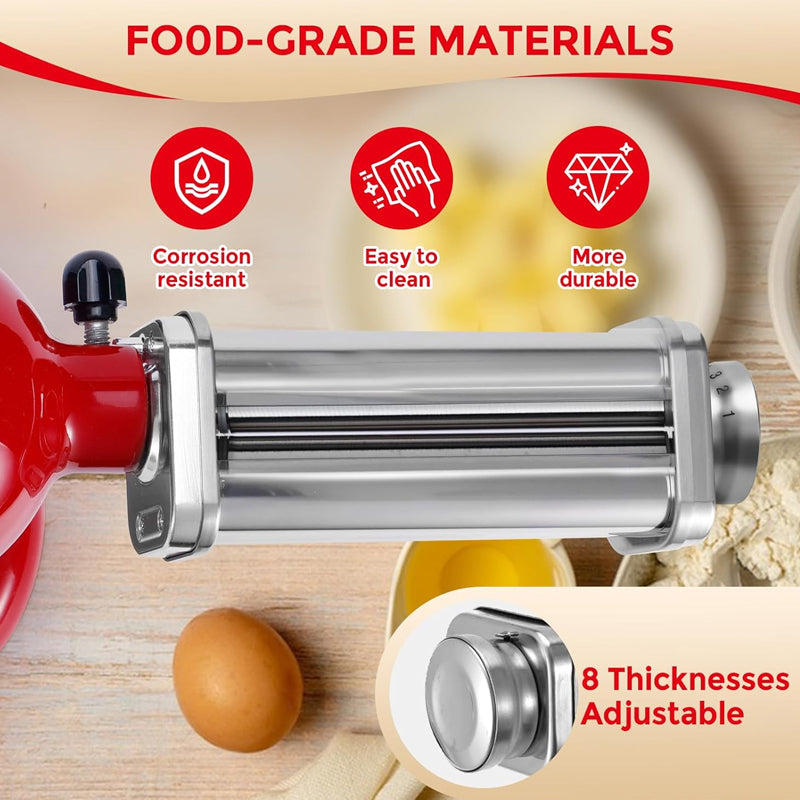 Pasta Attachment for KitchenAid Stand Mixer Stainless Steel Pasta Roller Attachment 8 Gears Adjustable