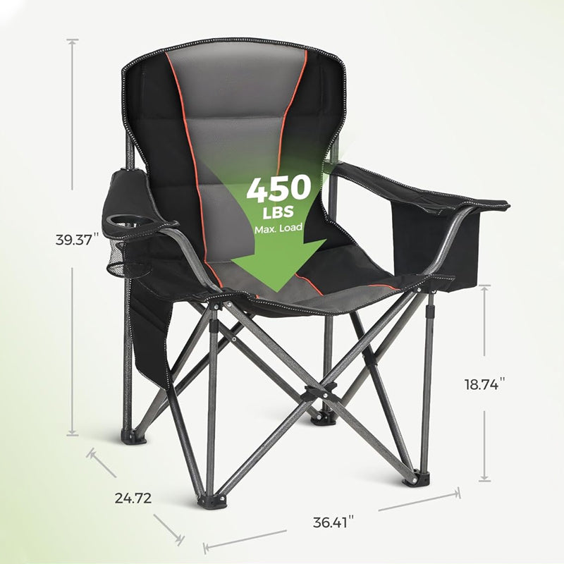 Folding Camping Chair 450 LBS Weight Capacity Outdoor Chair with Cup Holder Storage and Cooler Bag