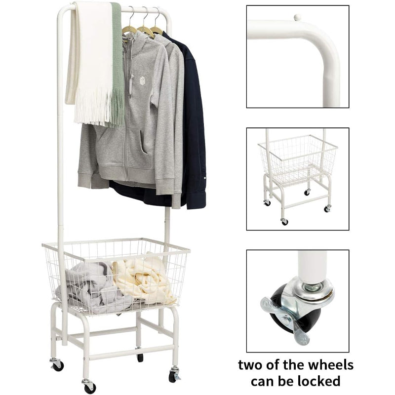 Wire Basket Truck Laundry Cart with Clothes Rack Metal Rolling Laundry Basket with Lockable Wheels