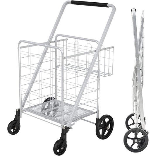 Folding Shopping Cart with Double Baskets 360°Rolling Swivel Wheels 160 lbs Large Capacity Utility Cart