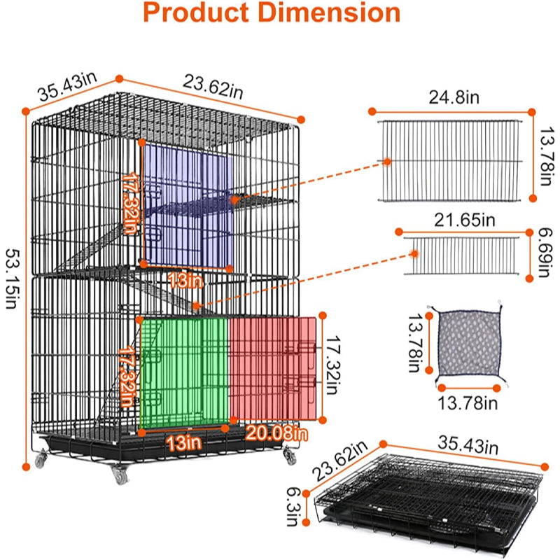 4-Tier Cat Cage 35.43 x 23.62 x 53.15 inch with 360° Lockable Wheels 3 Doors 3 Ladders Hammock