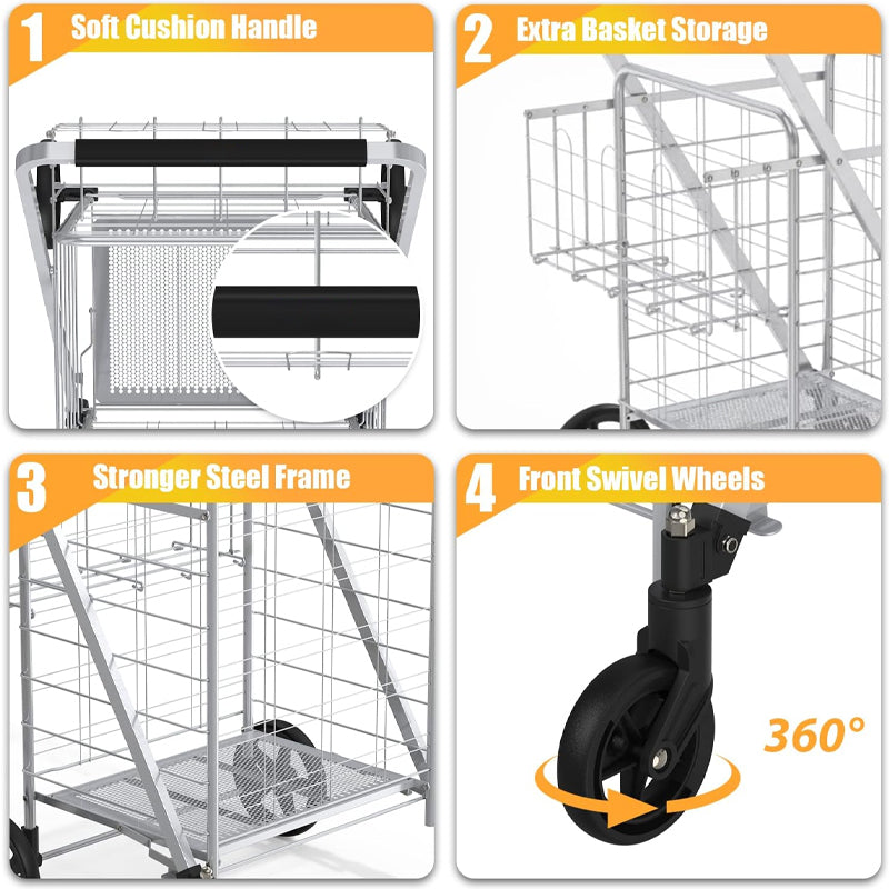 Folding Shopping Cart with Double Baskets 360°Rolling Swivel Wheels 160 lbs Large Capacity Utility Cart