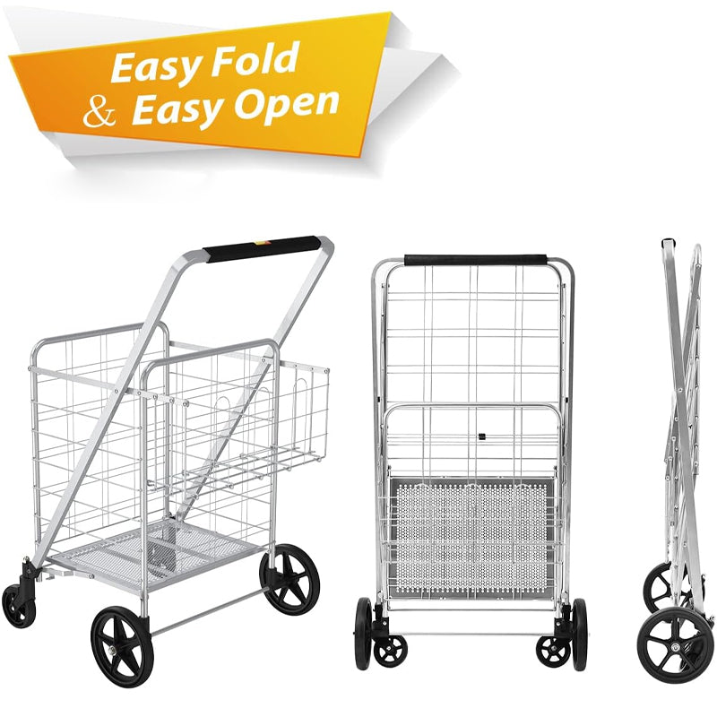 Folding Shopping Cart with Double Baskets 360°Rolling Swivel Wheels 160 lbs Large Capacity Utility Cart