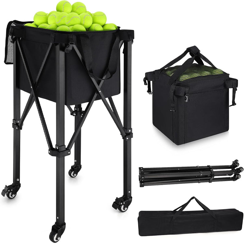 Foldable Tennis Ball Cart Holds 160 Tennis Balls Tennis Ball Hopper Portable Basket Cart with Wheels